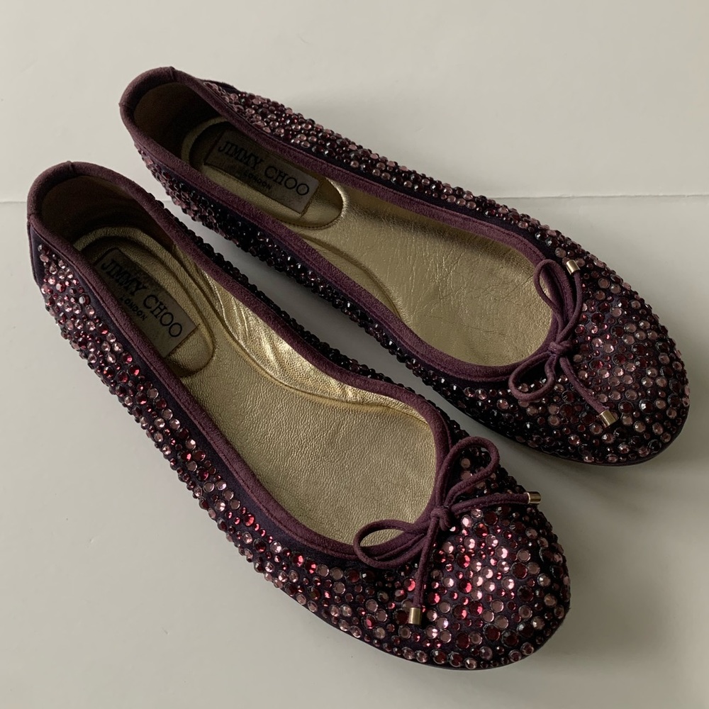 JIMMY CHOO WEBER CRYSTAL SUEDE BALLERINA FLAT 37.5